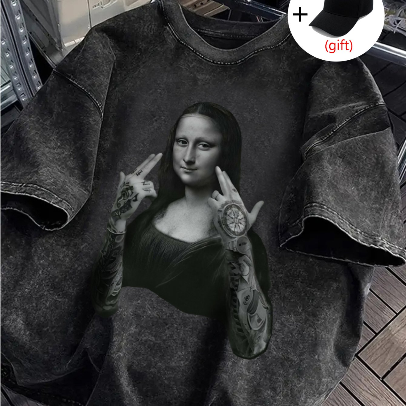 Image of Portrait Print Loose Round Neck Fashion Women's Wash Short Sleeve.
