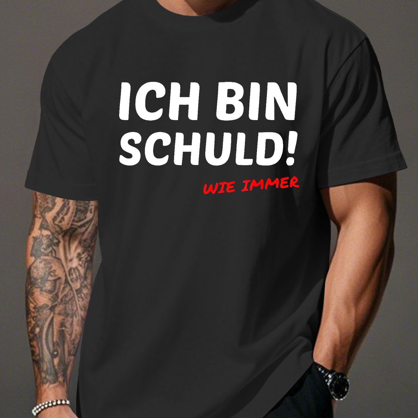 E-shop Herren-Plus-Größe Lustige Deutsche Humor T-Shirt - "Ich Bin Schuld!" Druck, Lässiger Rundhals, Kurzarm, Leicht Dehnbar, Sommer-Tee für