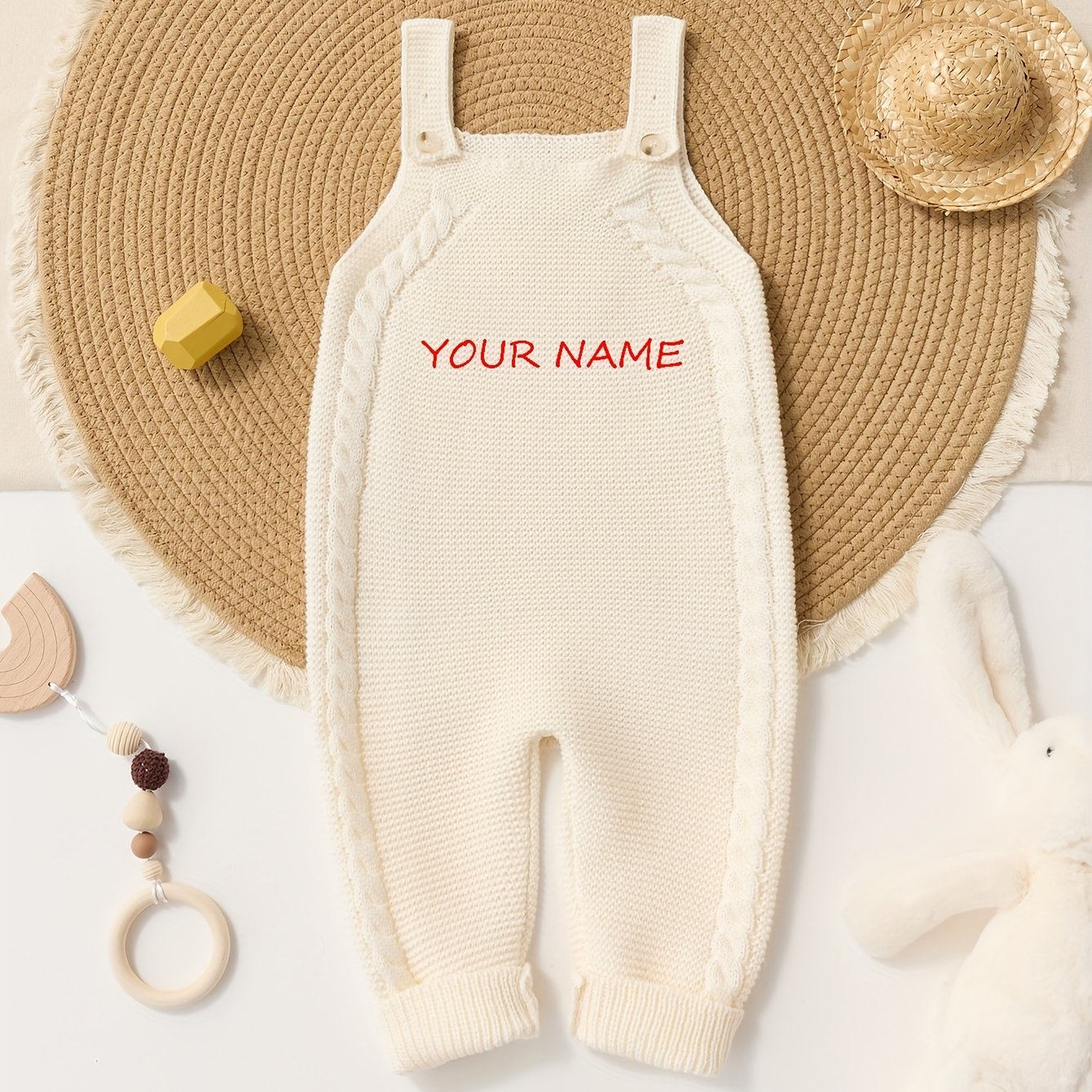 Baby Neutral Hand-embroidered Custom Cute Solid Color Knitted Suspender Pants Jumpsuit Long Pants Climbing Suit, For Outdoor