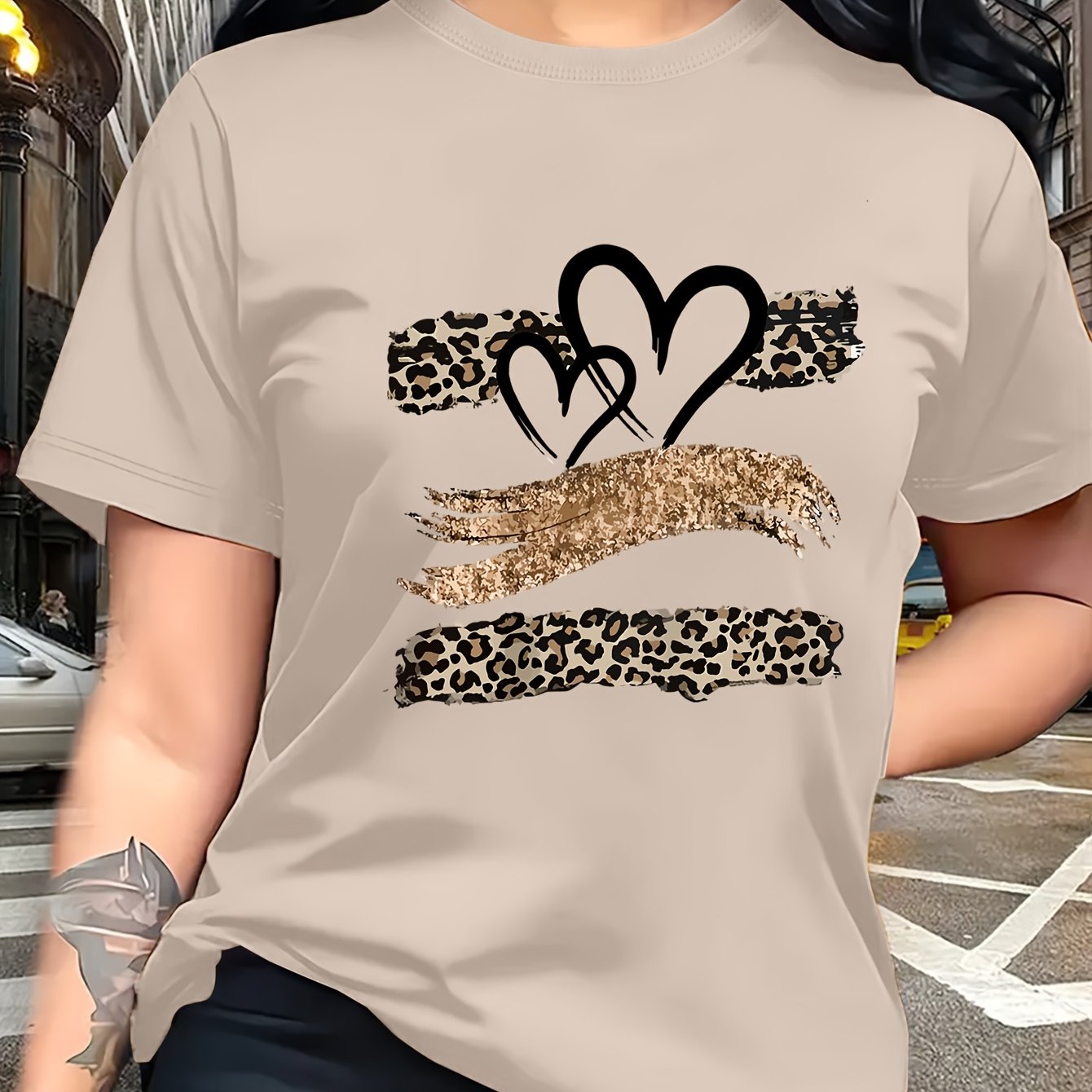 TEMU Leopard Print Heart Glitter-themed Pattern Print, Fashionable Breathable T-shirt, For Family Travel,, Casual S, Daily Commutes, Matching Outfits
