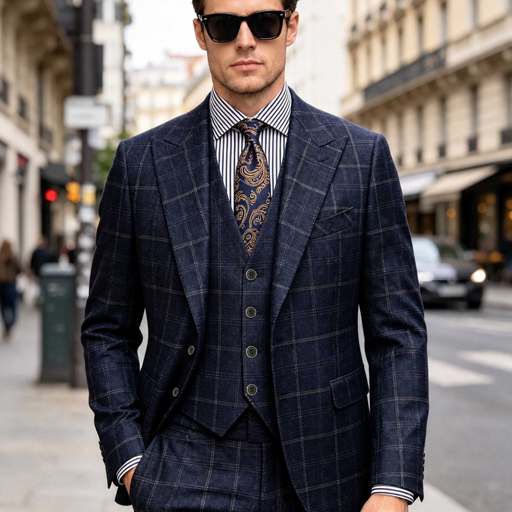TEMU Men's Navy Plaid 3pcs Suit Coat Vest Pants, Slim Fit Formal Business Commuter Suit Set For Daily Wear