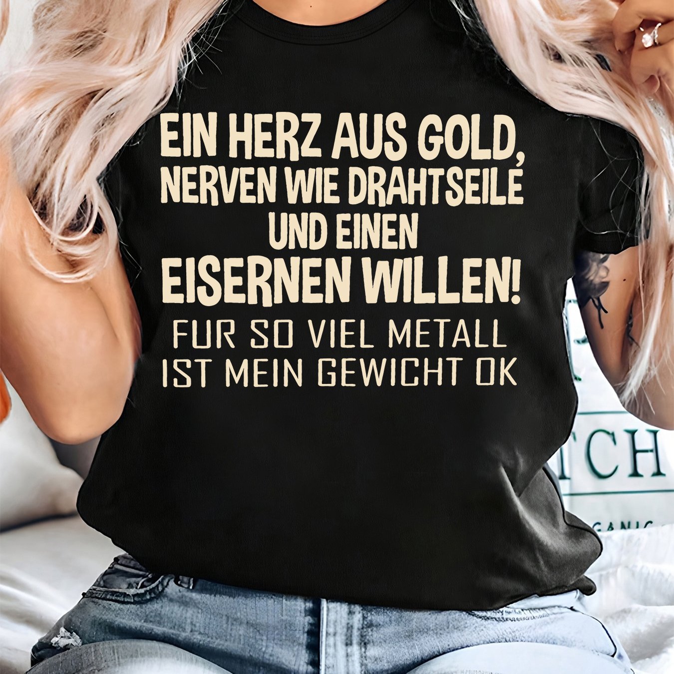 Image of Plus Size - Plus Size - A Heart Of Golden, Nerves Like Steel Cables, And Iron Strength. With Metal, Is Good. Printed Oversized Letter Graphic T-shirt For Women, Short Sleeve, Casual Top, Perfect Gift