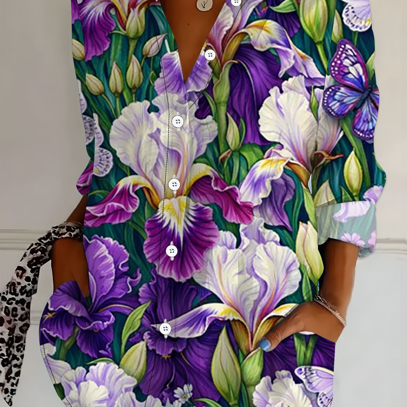 TEMU Plus Size - Plus Size - New Plus Size Women's Long Sleeve Printed Shirt, Fashion Casual Tie-front Collared Blouse, 's Long Sleeve Top, All-match
