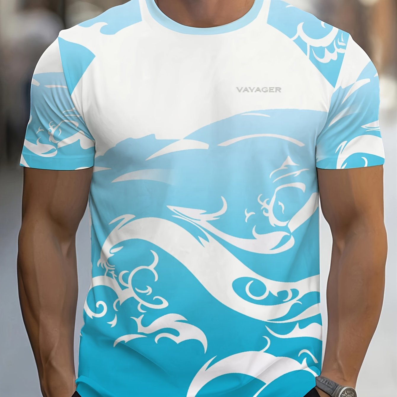 TEMU [printed Design-not Textured] Vayager Men's T-shirt, Short Sleeve Round Neck Top, Suitable For Surfing, Swimming And Beach