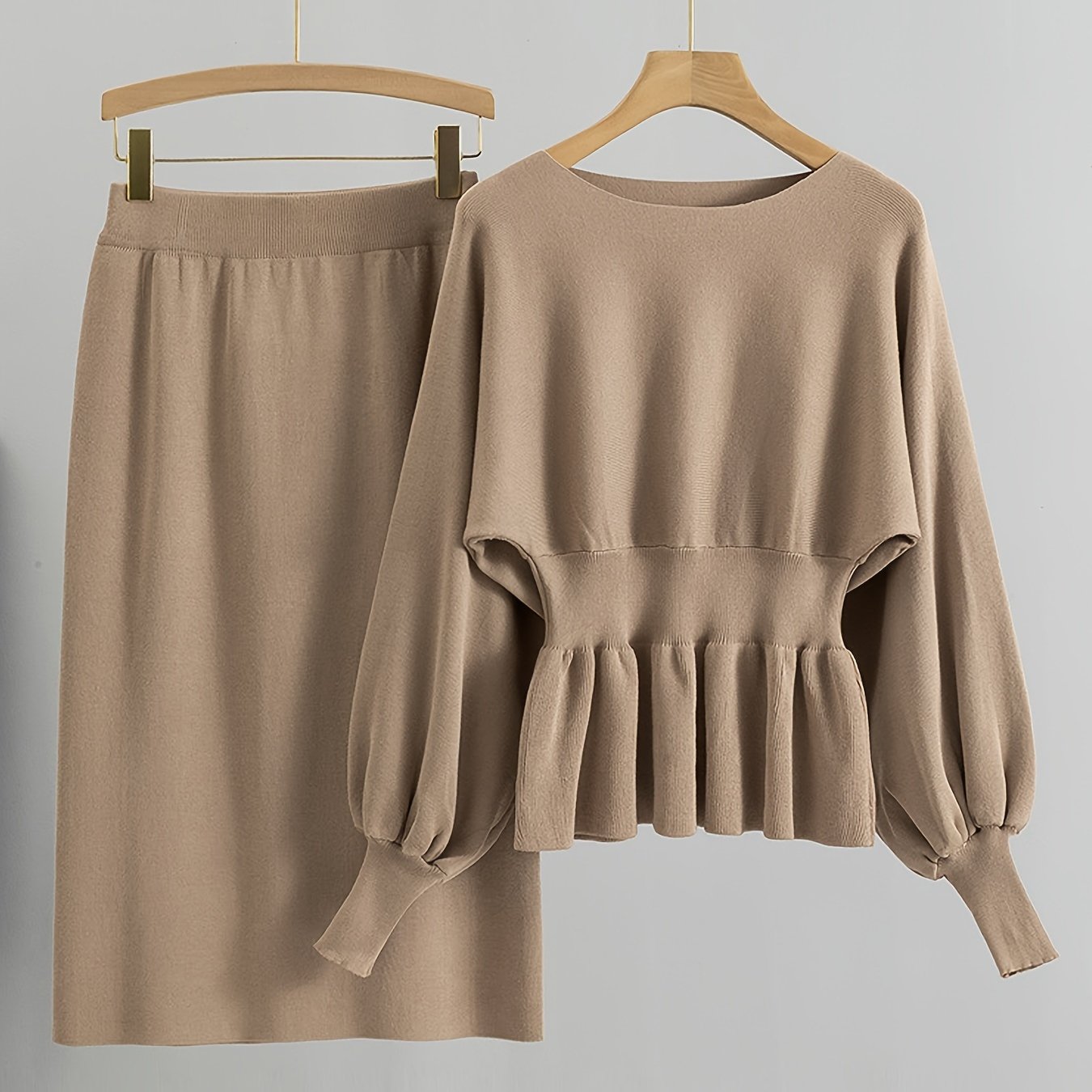 TEMU A Two-piece Set For Women Featuring A Knitted Sweater With Hem And A Matching Skirt For Autumn And Winter.