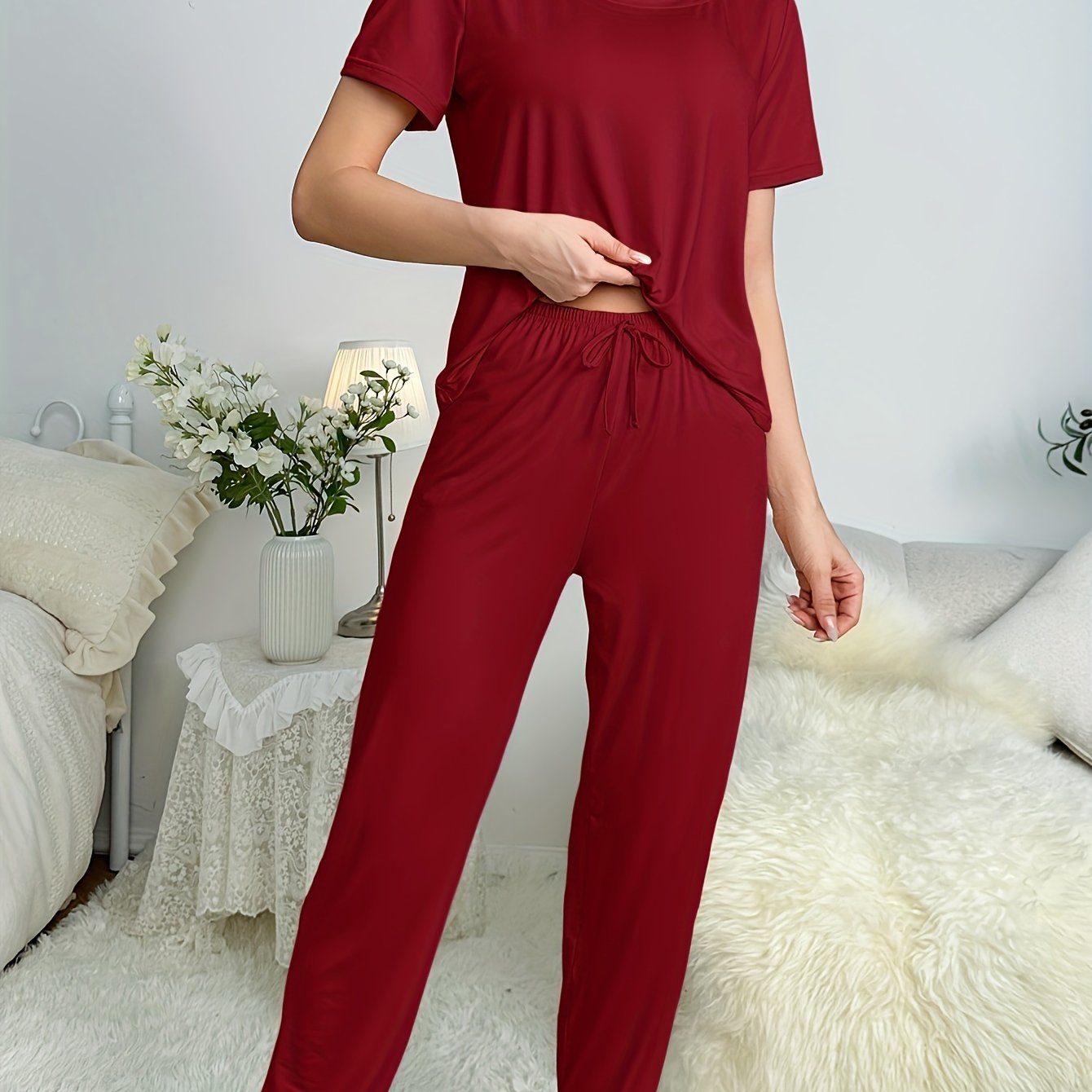 Fiber Fabric Short Sleeve Long Pants Set Classic Solid Color Casual