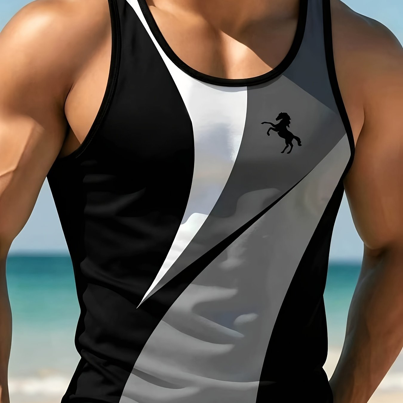 TEMU Men's Sleeveless Tank Top With Geometric Horse Silhouette Design, Simple Black And White Abstract Style, Suitable For Daily Wear And Casual , A