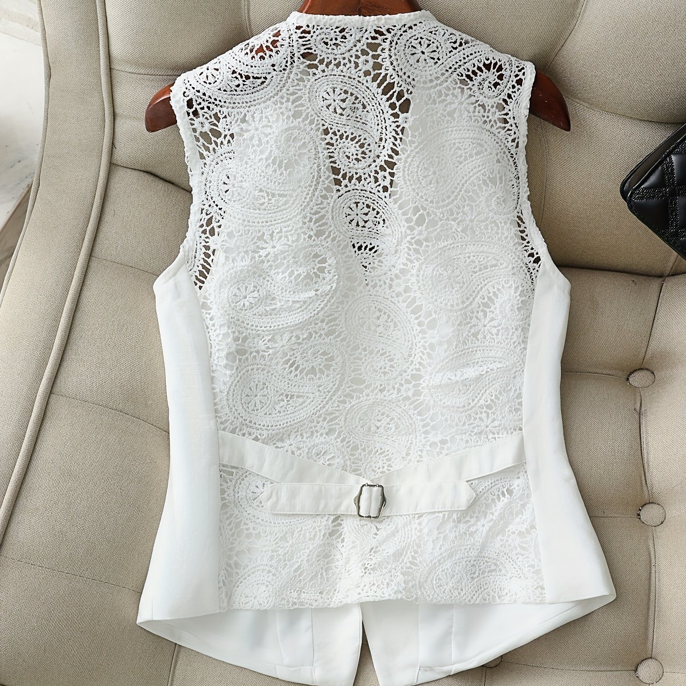 Image of Spring Design Lace Back Waist Linen Vest, Fashionable Elegant Unique Sleeveless Tank Top