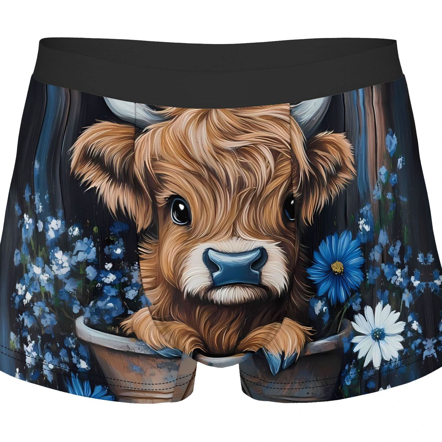 TEMU Rustic Highland Animal Flower Crown Funny Men's Black Border Underwear, Novelty Graphic Underwear, Joke Gift For Husband2d Print Design