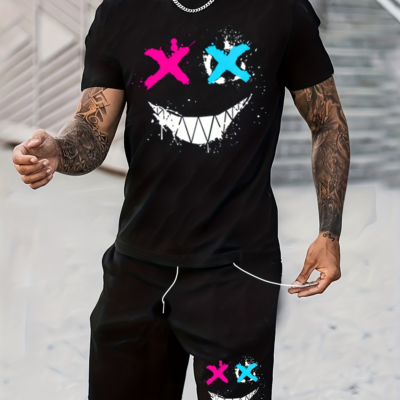 TEMU Ensemble décontracté personnalisé pour homme avec imprimé graffiti, comprenant un short et un t-shirt à manches courtes avec colorés "XX" et