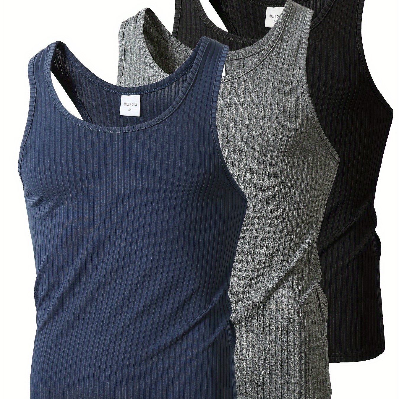 TEMU Vertical Stripe Bx1 - 3pcs Men's Herringbone Knit Vertical Stripe Vest, , Stretch, Sporty Casual Summer Outerwear Base Layer Vest