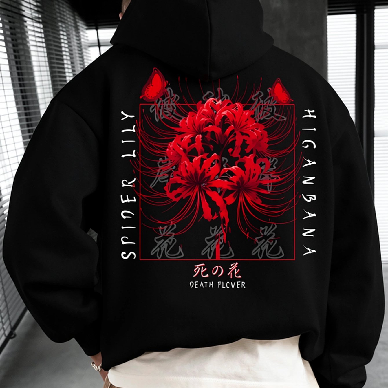 Image of Men's Gothic Japanese Anime-inspired Death Flower And Spider Lily Graphic Hooded Sweatshirt With Adjustable Drawstring Hood, Fit, , Regular Fit