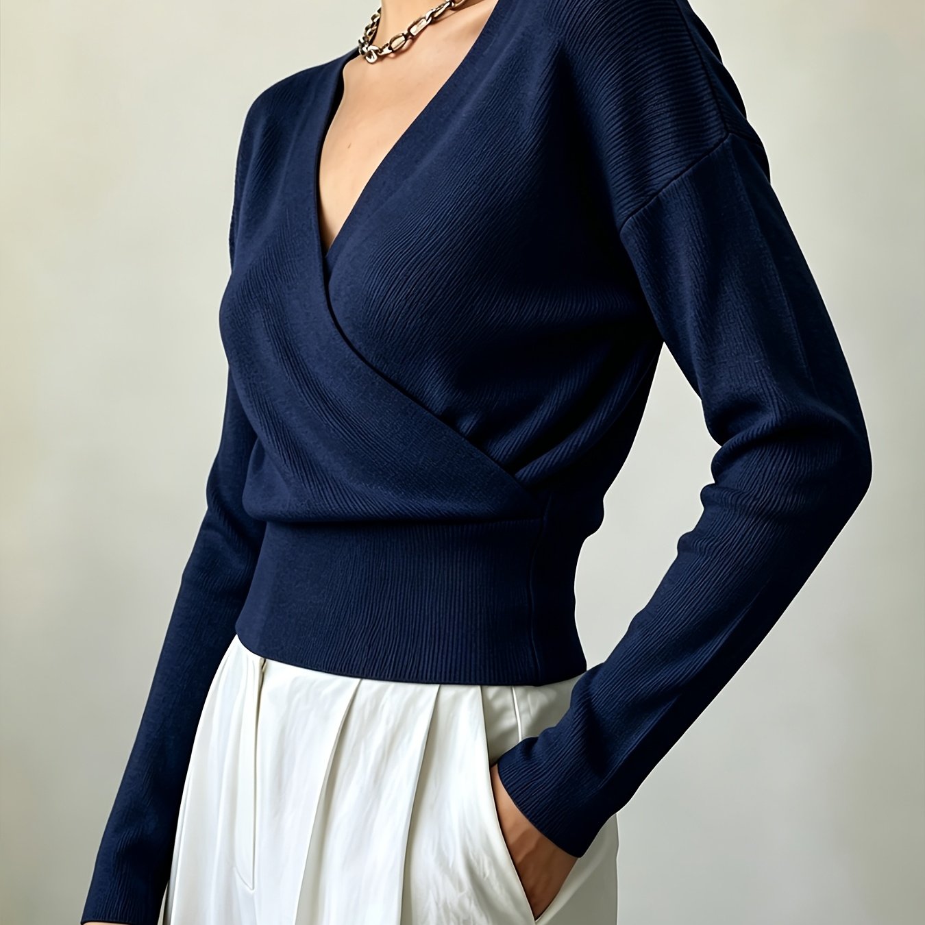 TEMU Women's Ins-style Autumn/winter Cross-neck Pullover, Versatile And Elegant Loose-fit Machine-washable Long-sleeve Sweater