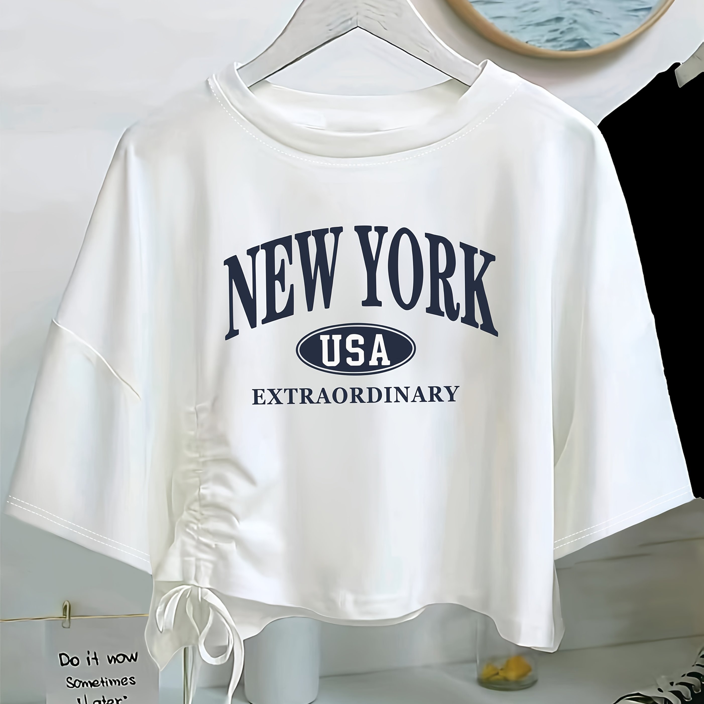 TEMU Maglietta a maniche corte con stile vintage e con cordoncino - Maglietta casual per l'estate, abbigliamento casual estivo | Maglietta con stile