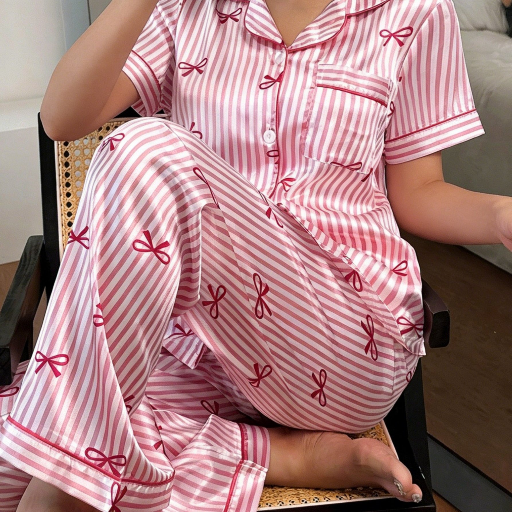TEMU Spring Summer Striped Bow Print Pajama Set, Casual Lapel Style Women's Wear Set