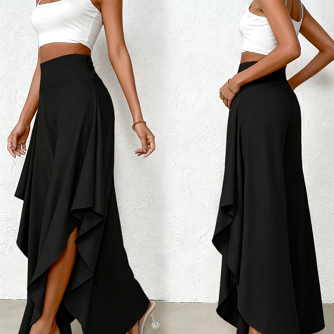 Elegant Casual High-waist Asymmetrical Hem Solid Wide-leg Pants
