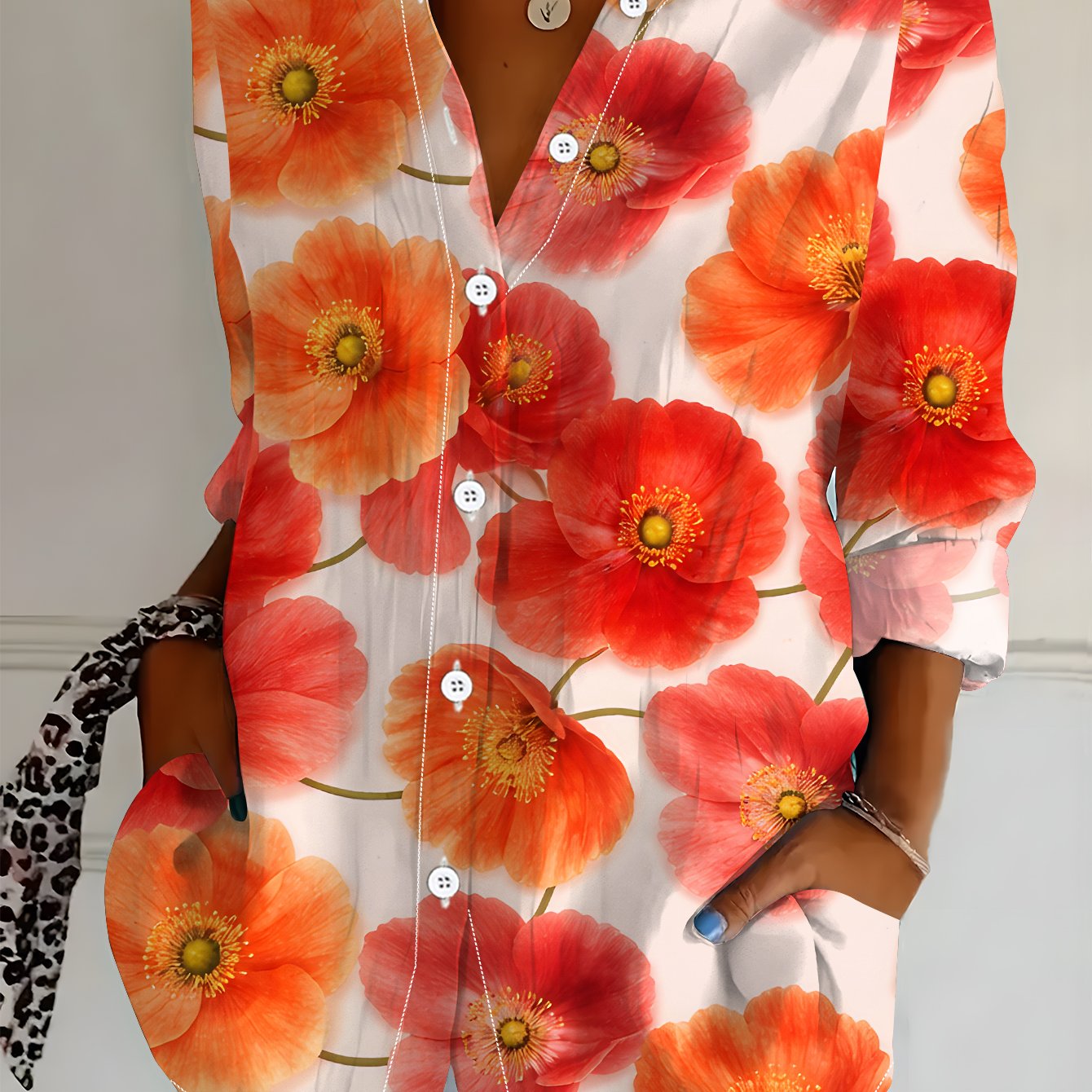 TEMU Plus Size, Women's Long Sleeve Shirt, Style, Printed Shirt, Vibrant Flowers, Women's Floral Shirt, Red And Block, Women's Casual Shirt, Soft And