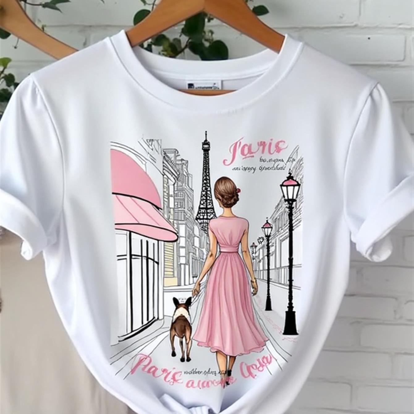 TEMU A Women's T-shirt Featuring With And Dog, High-quality T-shirt For Spring Summer Casual Wear, Ideal Gift For , Who , And French Style