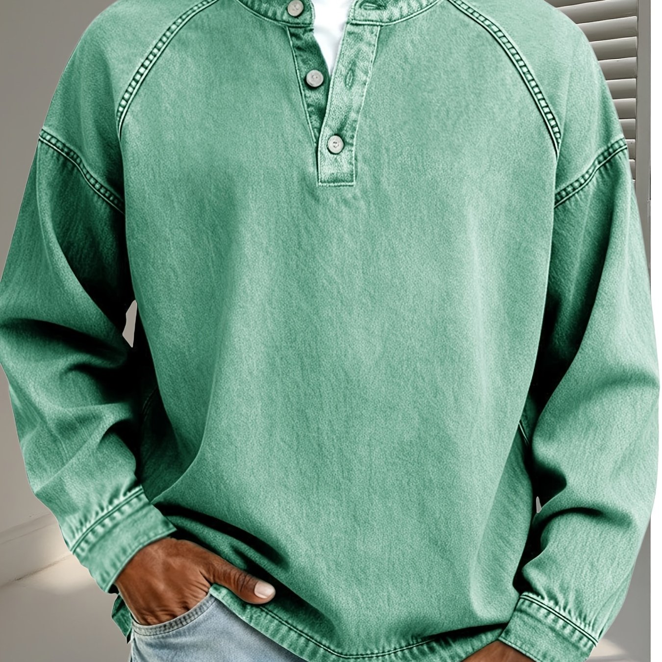 Image of Men's Jacquard Denim Hoodies Sweatshirts 3 Button Collar V Neck Long Sleeve Henley Shirt Pullover Autumn Hoodie Vintage Distressed Casual Tee Shirt Long Sleeve Pullover