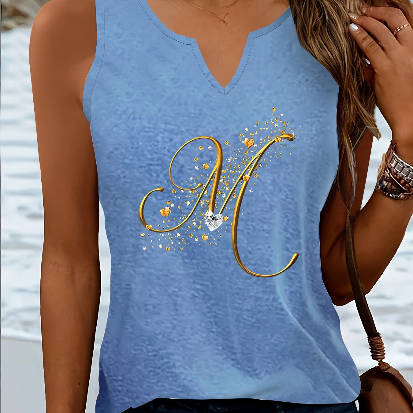 TEMU Plus Size - Plus Size - Blue V-neck Stylish Printed Tank Top