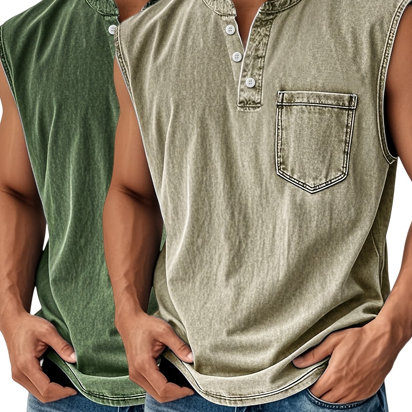 TEMU 2pcs Plus Size Men's Casual Open-front Sleeveless T-shirt 2 Set European Vest Top Tshirt With Pocket Suitable For Sports Outdoor Casual Wear Big
