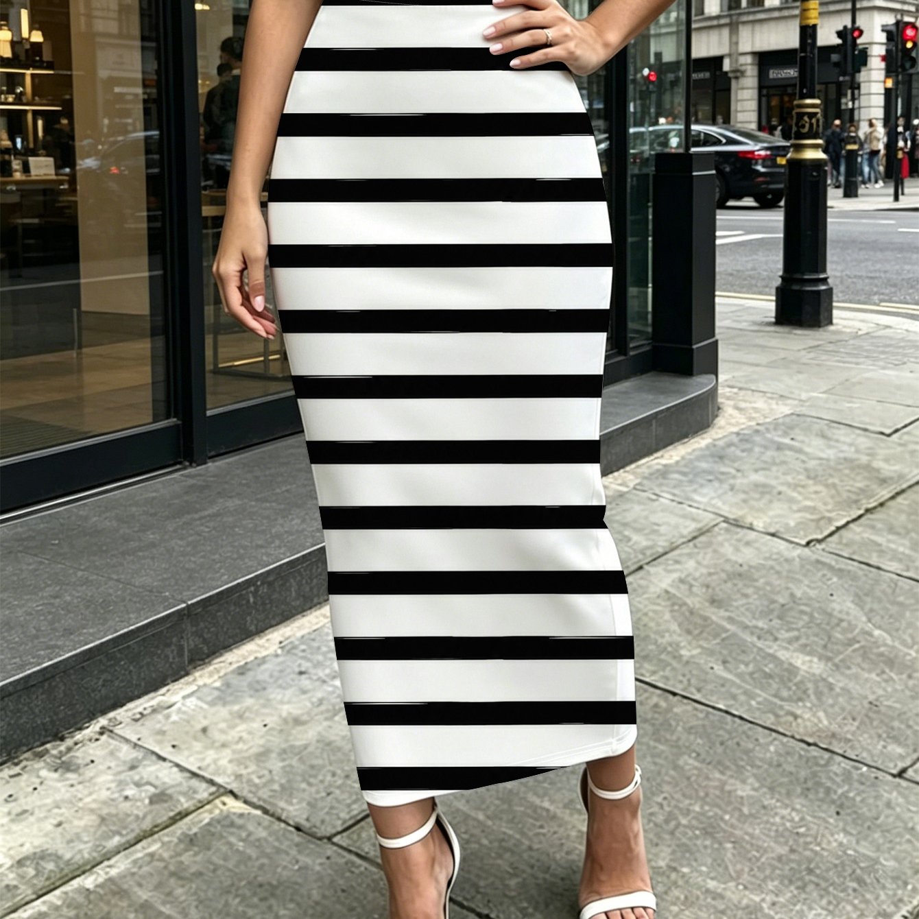 TEMU Minimalist Black And White Horizontal Striped Women's Printed Mid-length Hip-hugging Skirt For Office, Cafe, Dating, Mall, Travel, Casual Wear