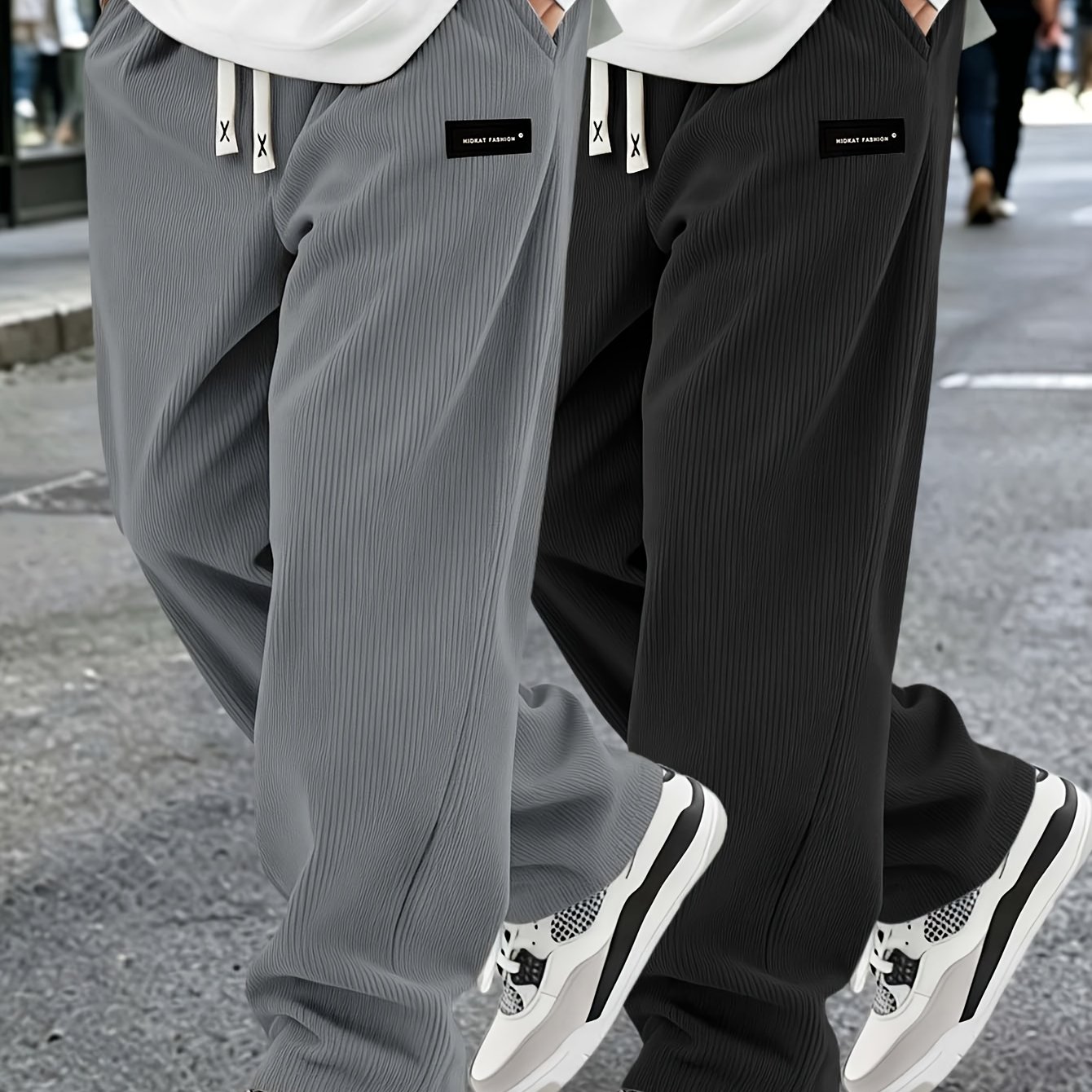 Image of Men's Corduroy Straight-leg Casual Trousers 2pcs Set, Drawstring Elastic Waist Small Logo Decoration Loose Retro Versatile With Pockets Street Style Pants