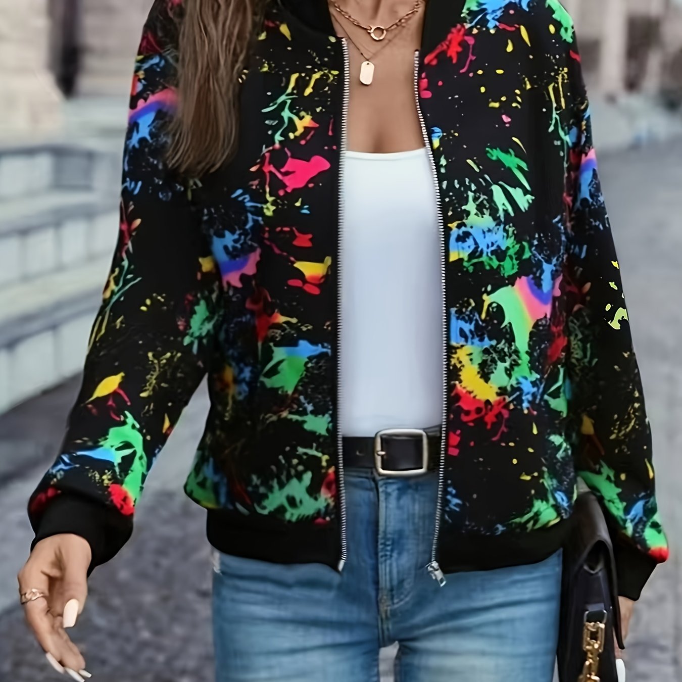 E-shop Damen Freizeitjacke mit Reißverschluss, geometrischem Blumen-Zufallsdruck für Frühling/Herbst
