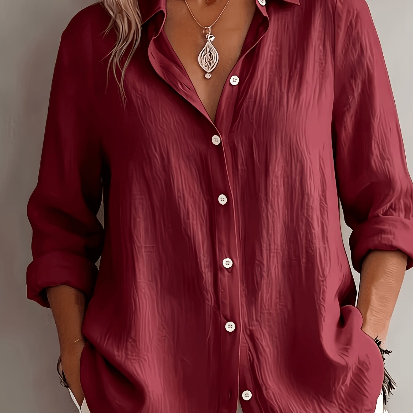 TEMU Elegant Special Edition Women's Shirt - Long Sleeve Button-up Solid Color Shirt, Breathable, Comfortable, Soft, Classic Collar, Suitable For