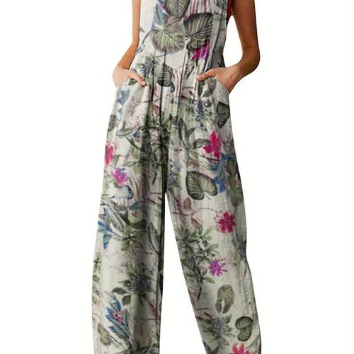 women plus sizes jumpsuit leaf floral neck sleeveless casual overalls with pockets for girls 3 colors