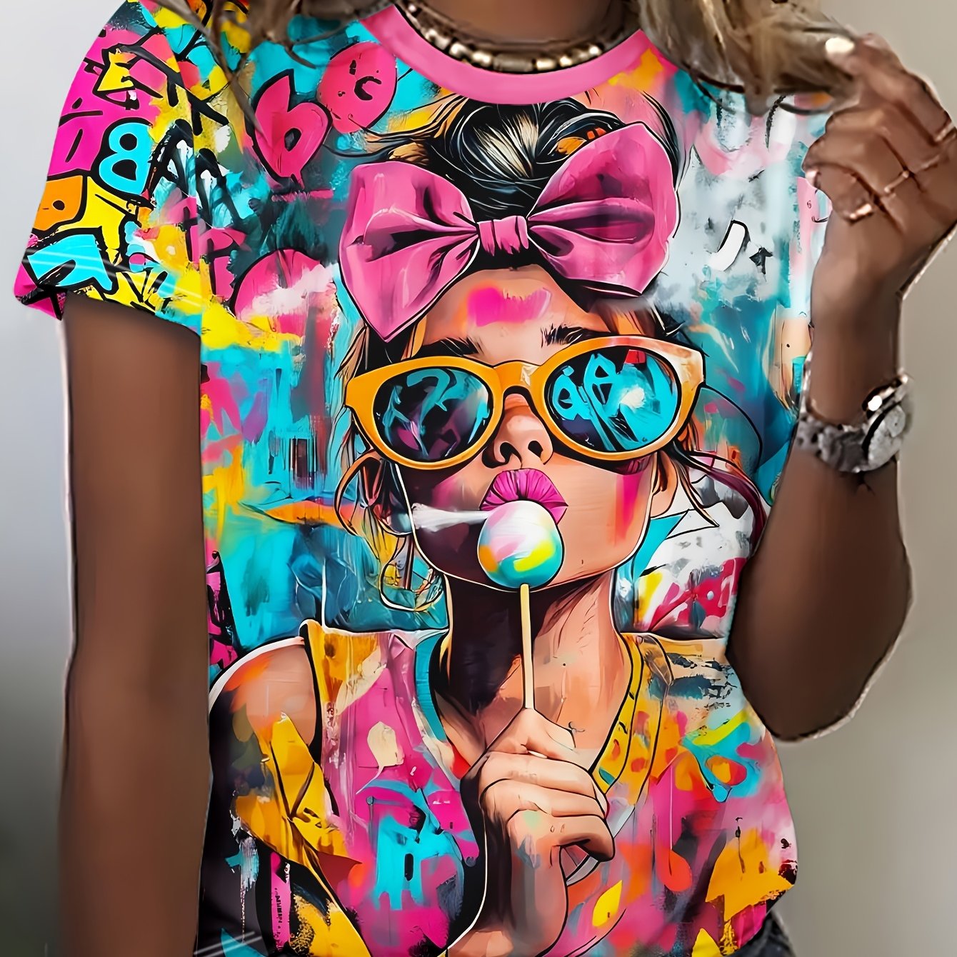TEMU Women's Fashion Round Neck T-shirt Graffiti With Lollipop Printed Short-sleeve Top - A Unique Gift