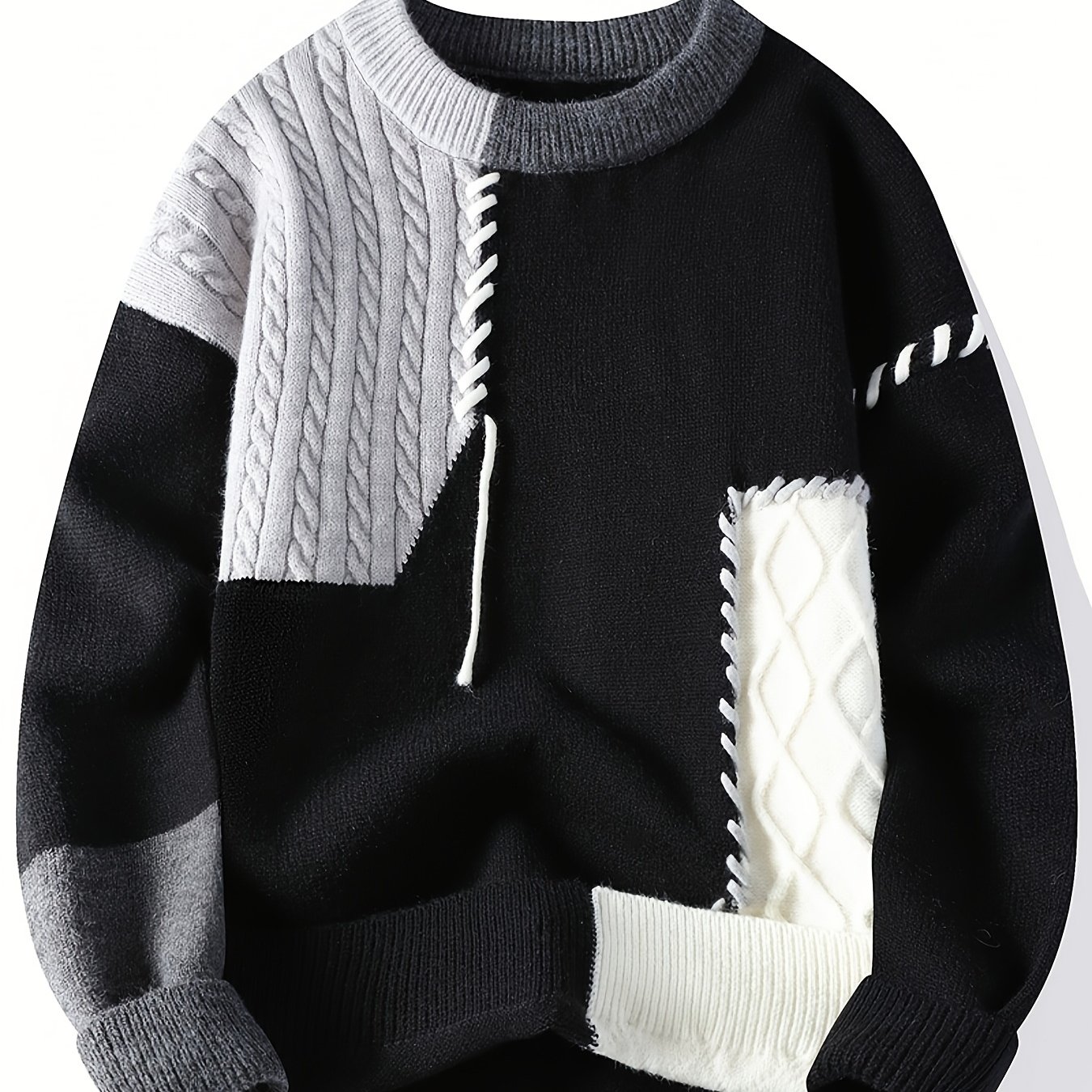 TEMU Pull à col ras du cou en pour homme, à de couleur épissés, pour les quotidiens, sur et le streetwear, haut d'automne/hiver , délicat, de et au