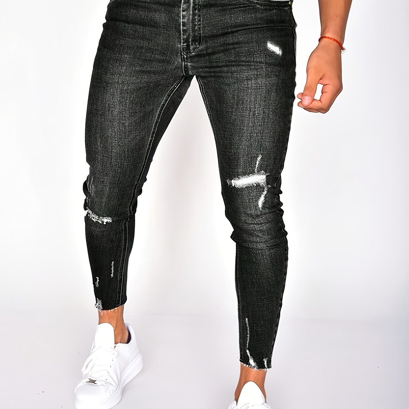 Image of Men's Slim-fit Jeans - Dark Washed Stretchy Denim With Distressed Details, Medium Stretch, Casual & Formal Wear, Machine Washable, Everyday , , Durable Fabric, Stylish Bottoms, Fashionconscious Men