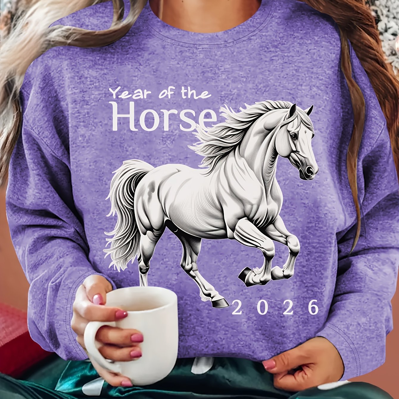 TEMU Women's Vintage Horse Print Year Of The Horse T-shirt - Soft Round Neck Long Sleeve Top Suitable For Chinese New Year, Casual & Dressy Wear,