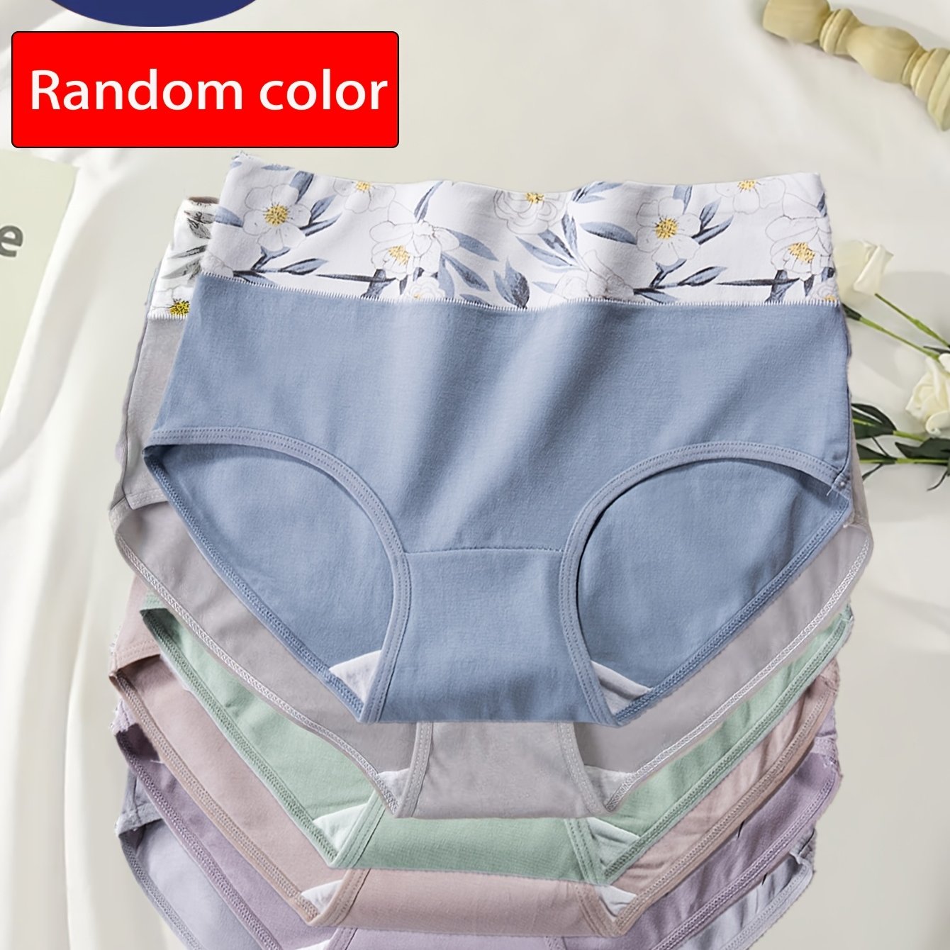 5pcs Random Colors High-waist Panties With Floral Print Waistband, Comfortable And Breathable Briefs