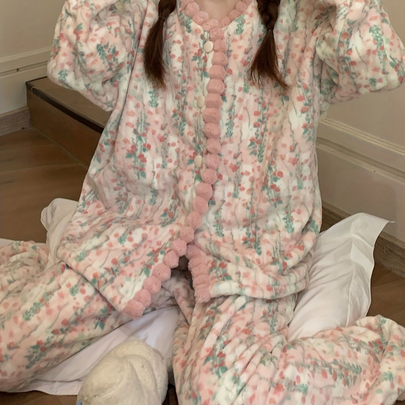 TEMU Coral Women's Pajama Set, Autumn/winter Thickened Warm Long Sleeve Long Pants Cute Loungewear 2pcs Set