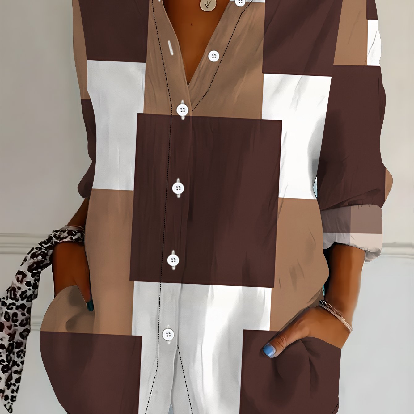 TEMU Plus Size, Plus Size Women's Long Sleeve Shirt, Square Print Loose Fit Printed Blouse, Geometric Pattern Style, Midi-length Long Sleeve Lapel