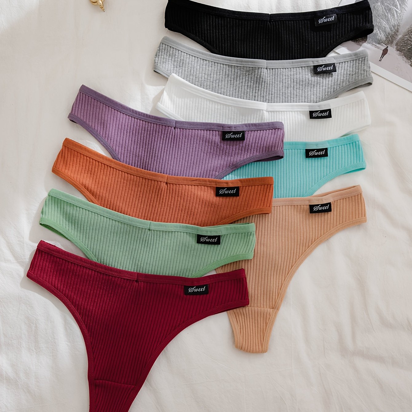 Image of 9-pack Women's Striped High-elastic Label Thong, Sweet Panties For