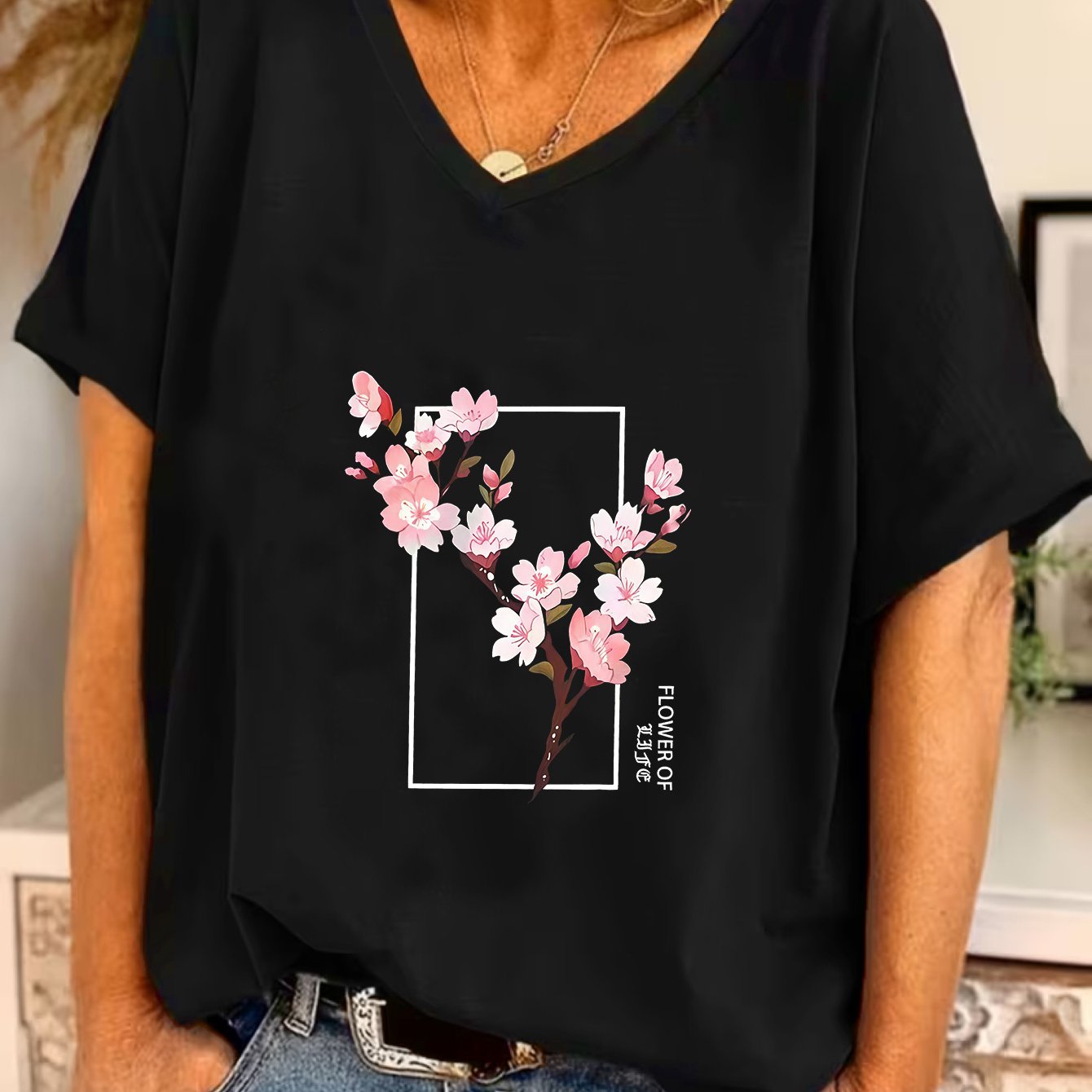 TEMU Plus Size, 1-8xl Women's Plus Size Vintage Washed Batwing Sleeve T-shirt - Cherry V-neck Short Sleeve Top With Flower Of , Spring Summer