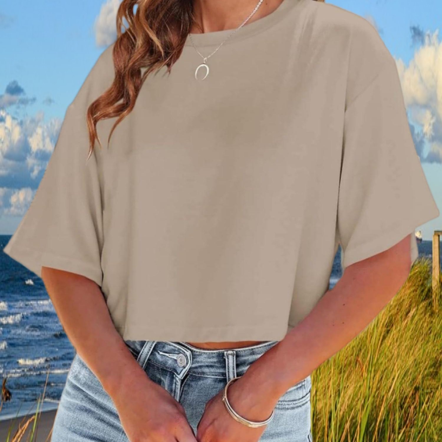 Image of Women's Summer Daily T-shirt Cropped Half Sleeve Casual Shoulder Round Neck Basic Solid Color Tee