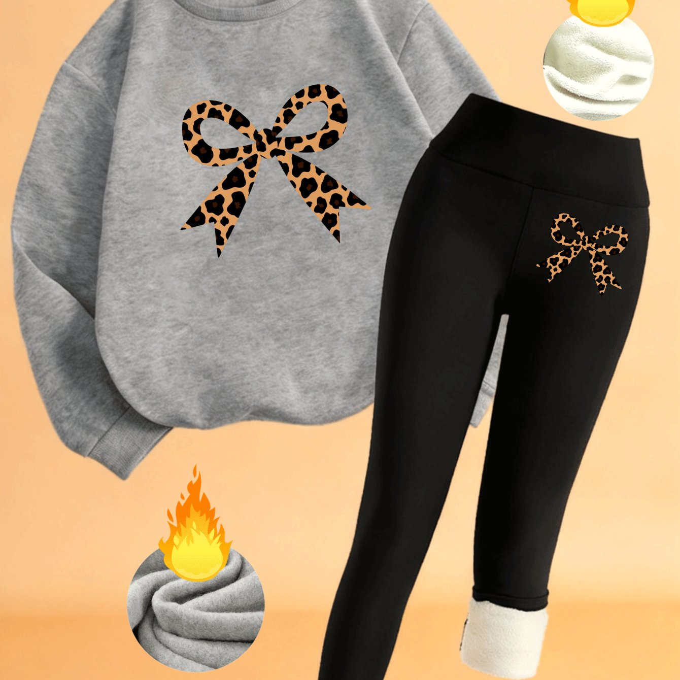 TEMU Round Neck Sweatshirt And Fleece-lined Leggings Set, Women's Casual Sport Style, Beige And Black With Leopard Print Bow Detail, Suitable For