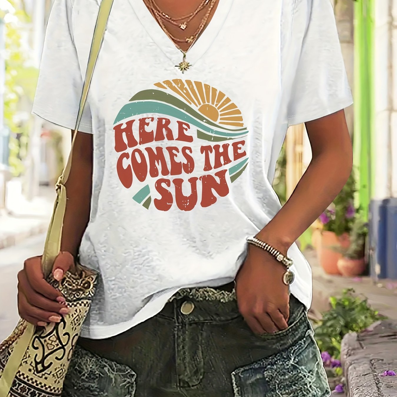 TEMU Grande Taille - Grande Taille - T-shirt à Imprimé de Lettres Grande Taille, Haut Décontracté à Manches Courtes et Col en V pour l'Été et ,