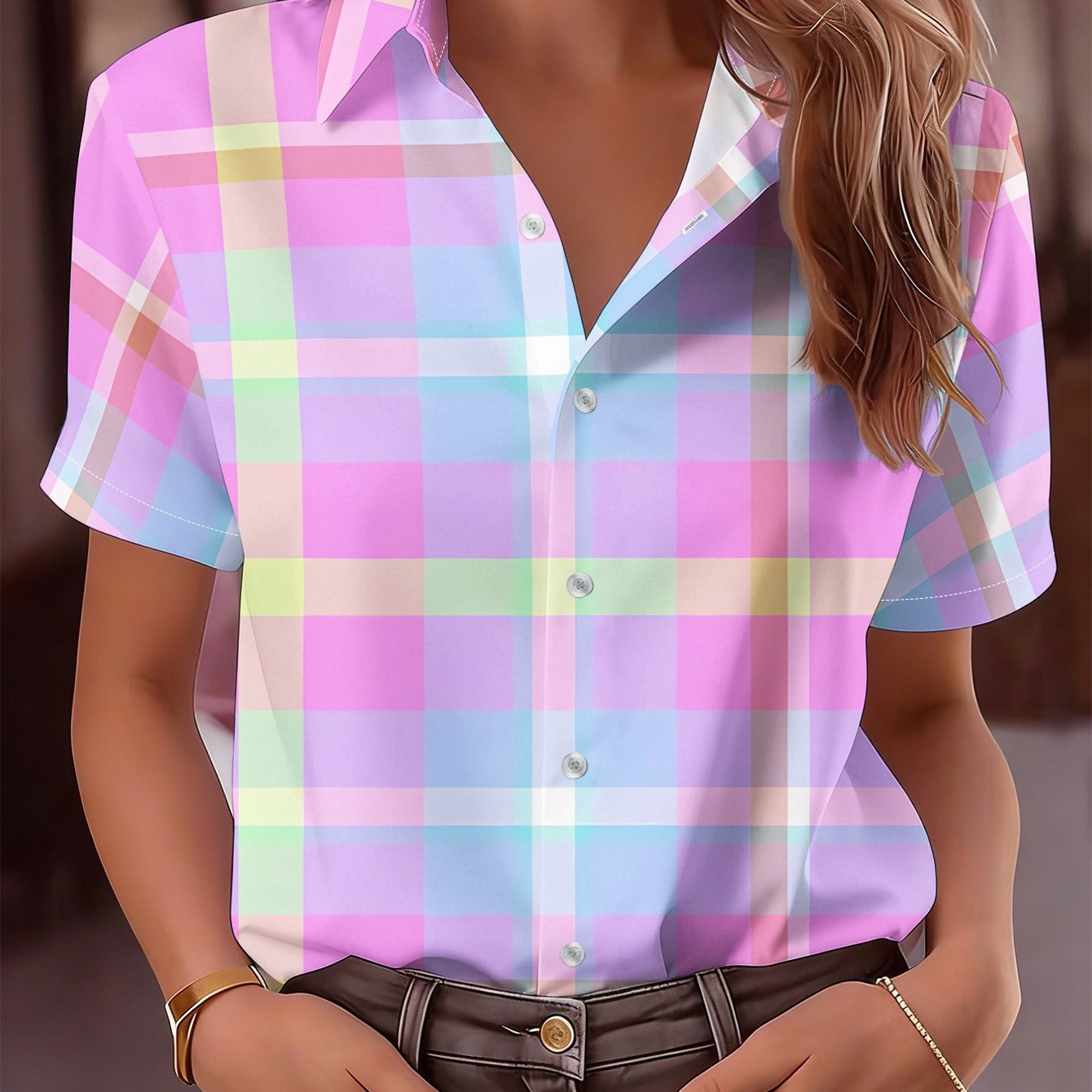 TEMU Women's Casual Short Sleeve Shirt, A Pink-blue Main Tone Pattern, , Design, Machine Washable Women's Top, Fashionable Hot Item Button-up Shirt