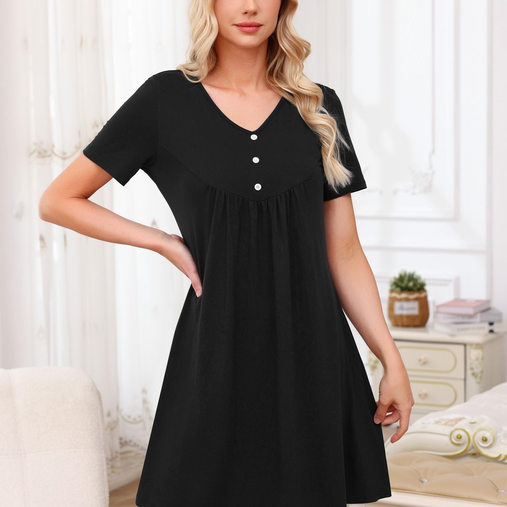 Women's Nightgown, Short Sleep Shirt, Short-sleeve Nightwear, Front , Round Neck