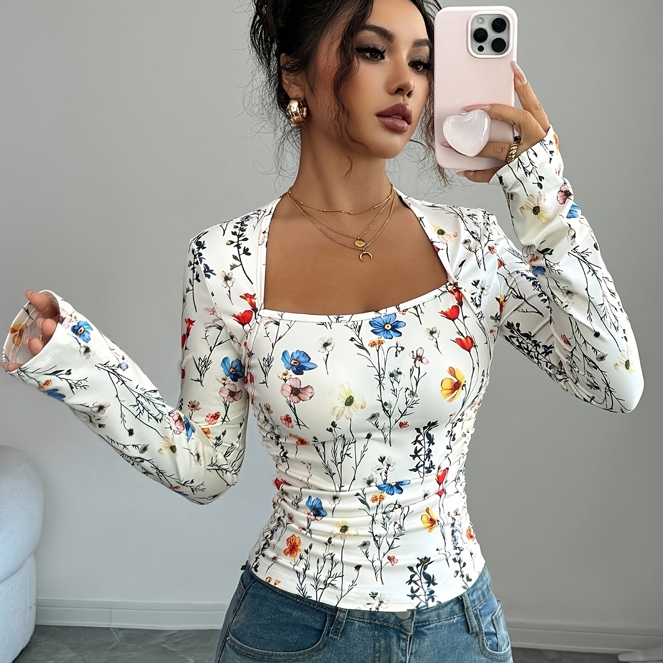 TEMU Elenzga Women' Elegant -neck Printed Ruched Waist Long Sleeve T-shirt Top