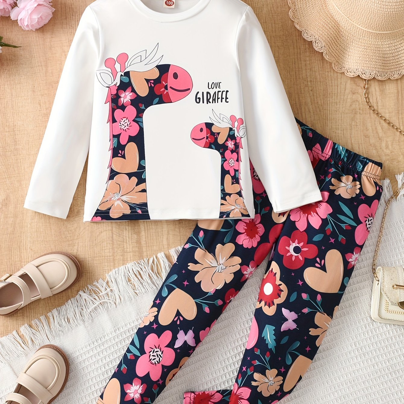 Image of Young Girl Giraffe And Floral Print Long Sleeve T-shirt And Pants Set, Kids Spring/autumn Casual 2pcs Outfit, Perfect For Outdoor