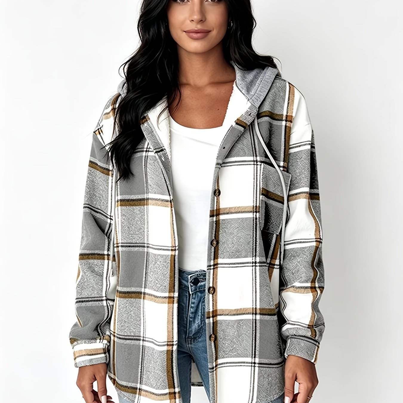 TEMU Autumn/winter Women's Hooded Shirt, Brushed Thickened Outerwear, Fashionable Women's Top, Jacket, Women's Blouse
