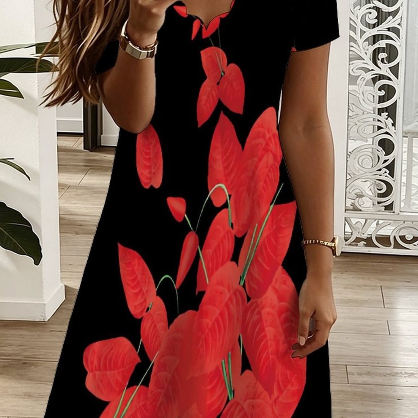 Plus Size - Summer -neck Short Sleeve Dress, All Over Geometric , Elegant Women Dress For Vacation Casual Party