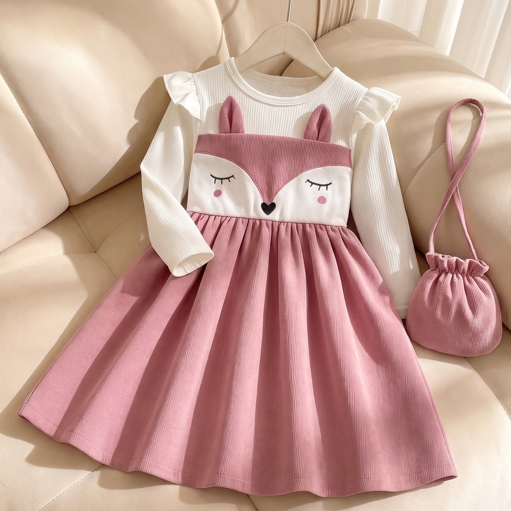 Image of Girls' Dress Spring Autumn Winter Long Sleeve Embroidered Small Flutter Sleeves Knee-length Round Neck Casual Cute Kawaii Sweet Fashionable Elegant Animal Pullover Style