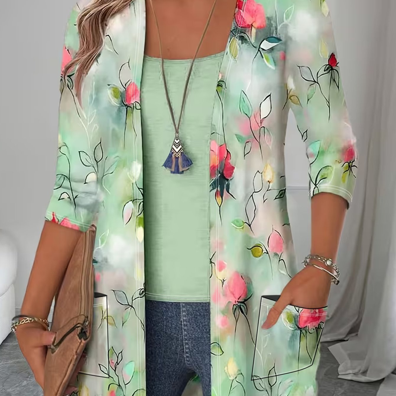 Image of 2pcs Set, /fall Women's Set: Women's Cardigan And Tank Top, Watercolor Pink Rose Floral -quarter Sleeve Cardigan With Pockets And Light Green Solid- Top, Casual Set For Everyday Wear And Vacations